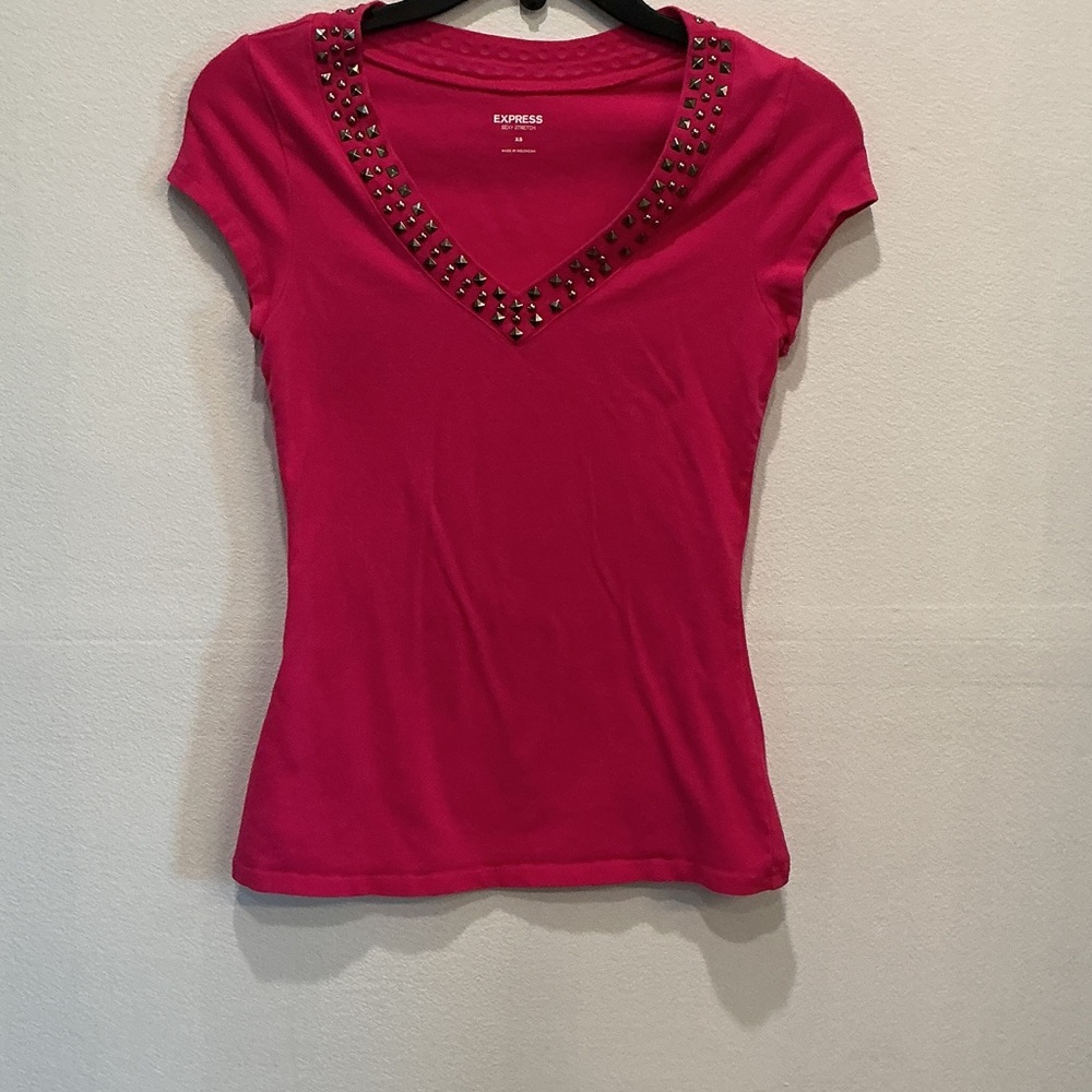 Express Fuchsia Studded V-Neck Tee
